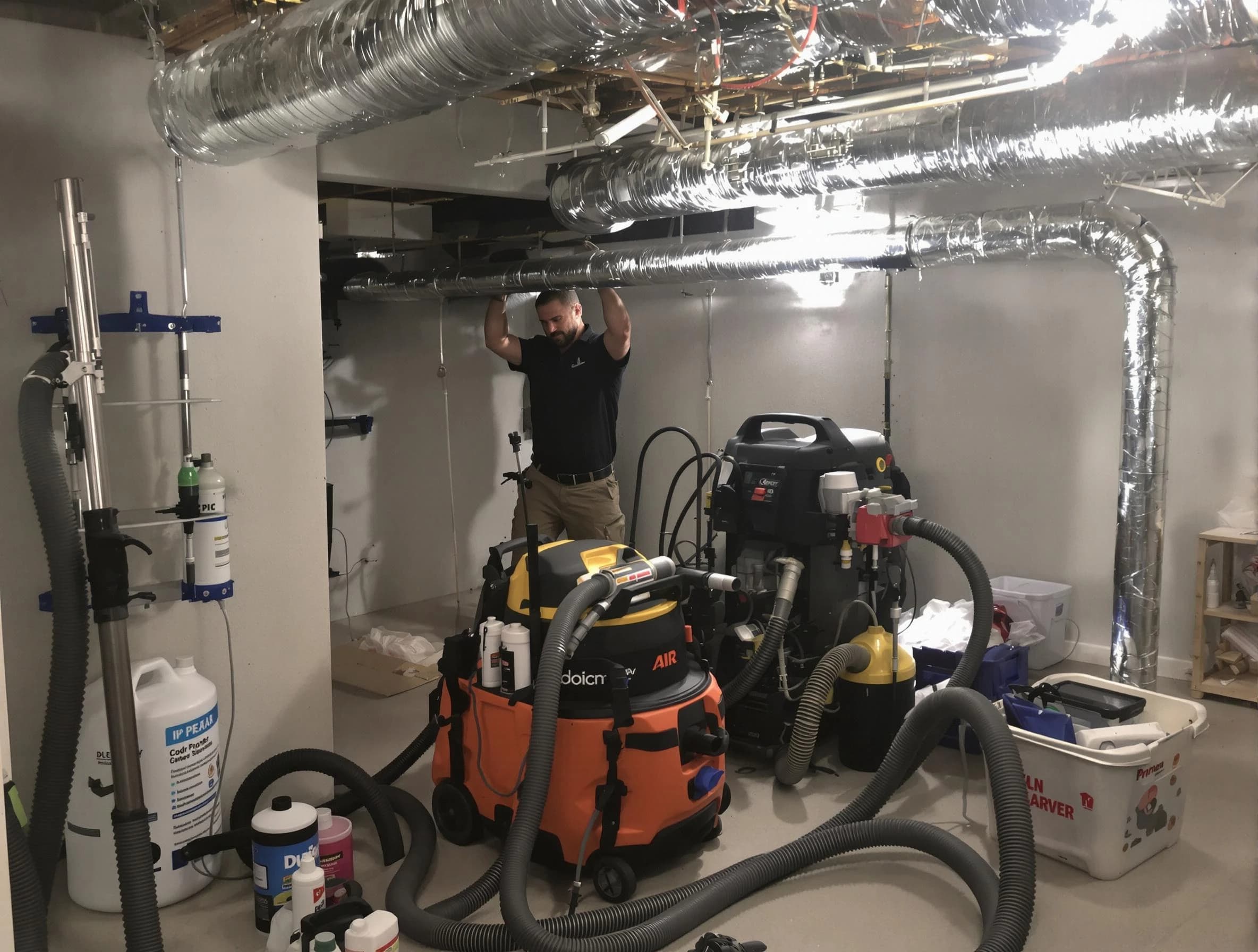 Heber Air Duct Cleaning specialist performing professional mold removal from air ducts using safety equipment in Heber
